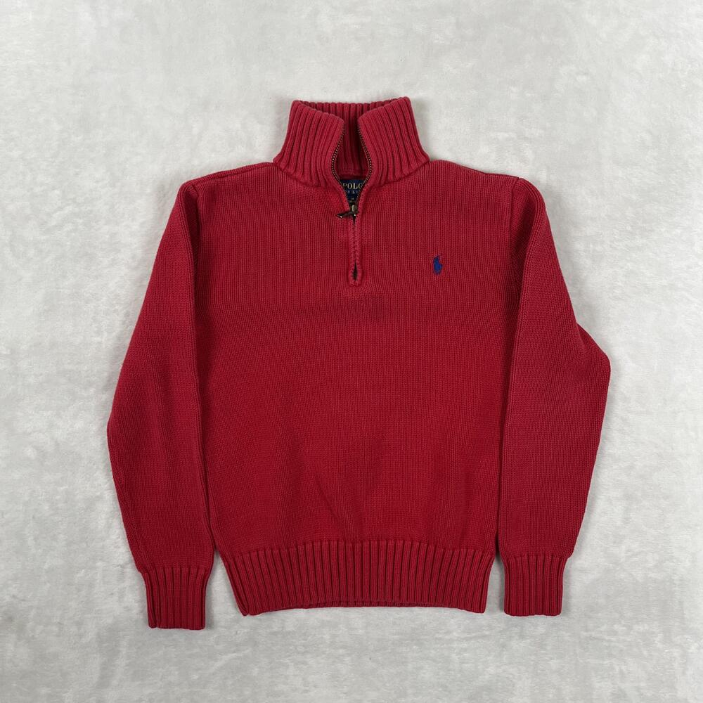Polo Ralph Lauren Sweater Kids Medium 10-12 Red 1/4 Zip Mock Neck Logo Knit